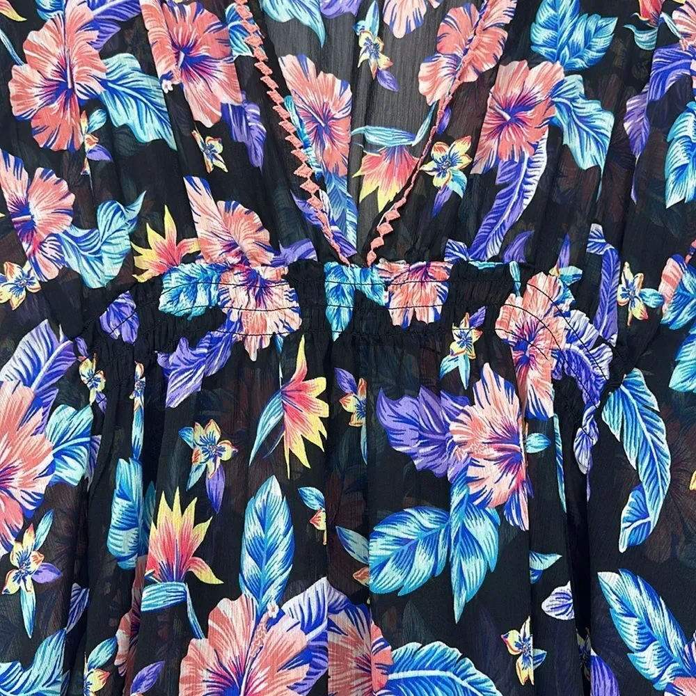 Miken TROPICAL FLORAL Print Smocked Waist Cover-up, Sz M